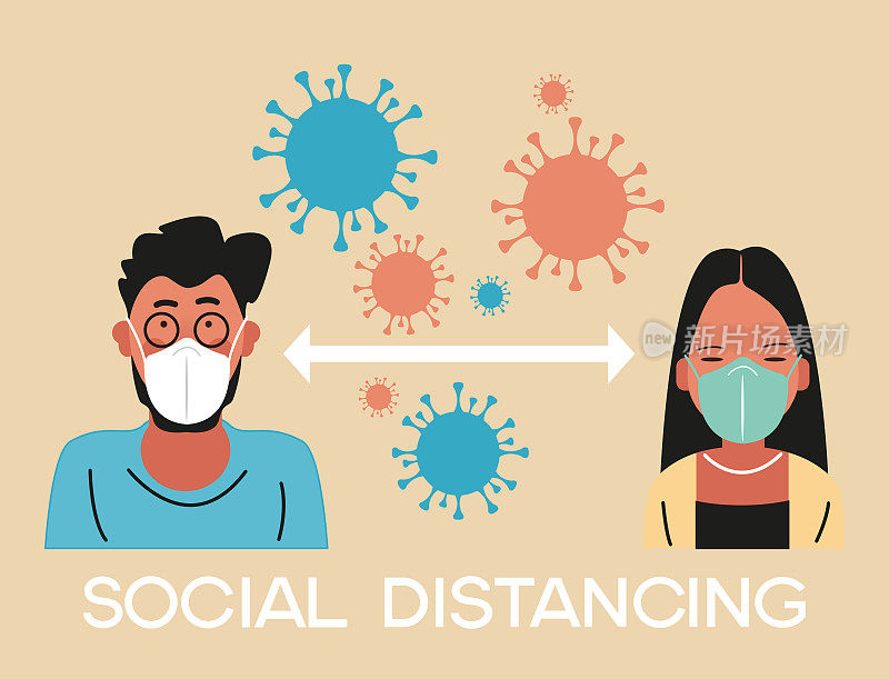 PEOPLE with a medical mask on their face. People support social distancing. The concept of not spreading the virus and preventing the coronavirus. Social isolation and self-quarantine.